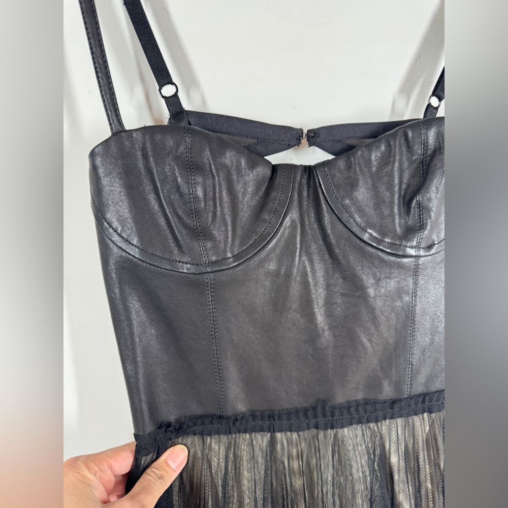 Alice + Olivia Leather Tulle Dress Black Fit Flare Party Mini Size 6 Dark Goth - Picture 5 of 15